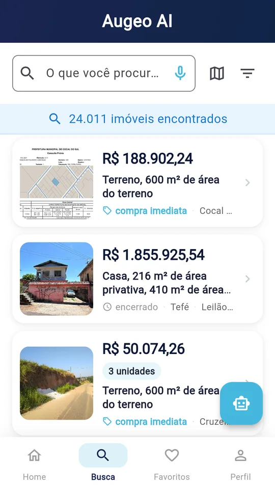 Tela Busca do app Augeo AI