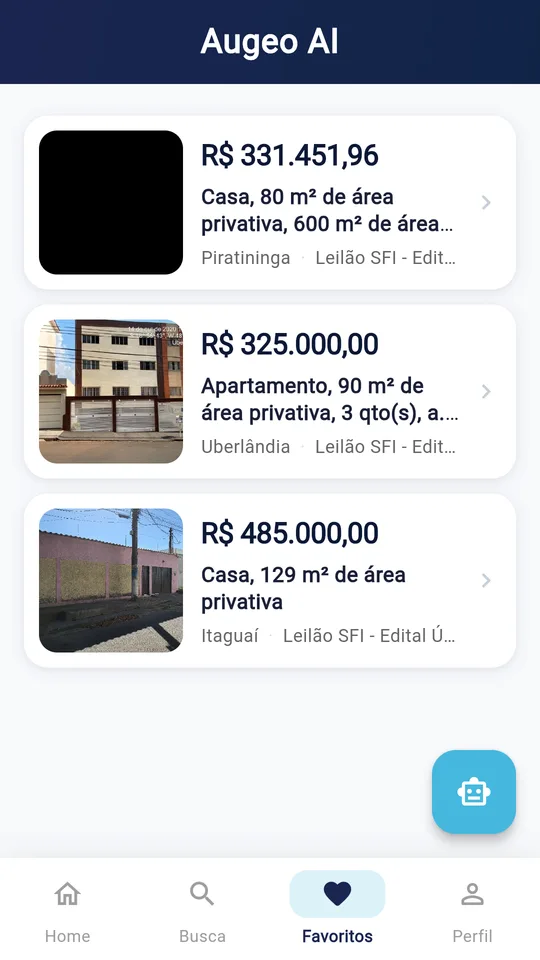 Tela Favoritos do app Augeo AI