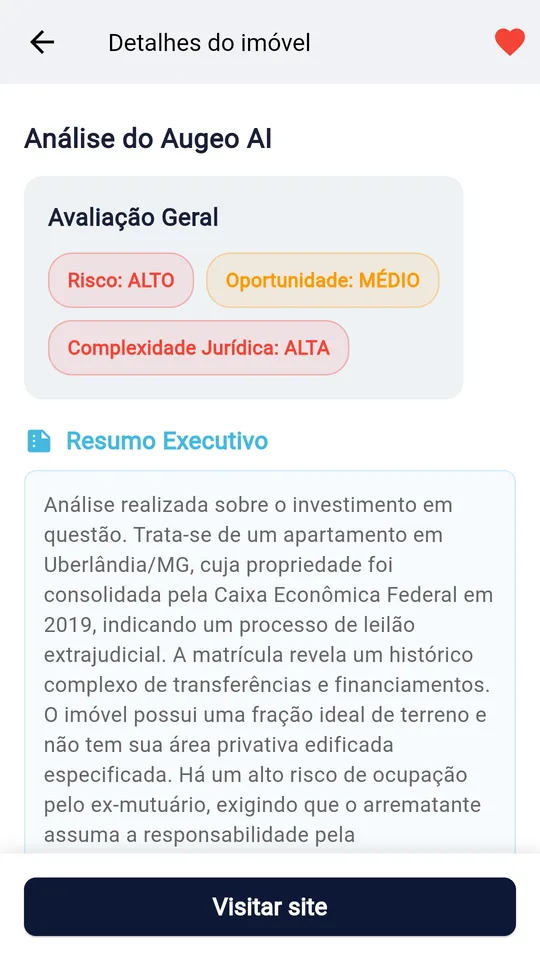 Tela de análise de um imóvel no app Augeo AI